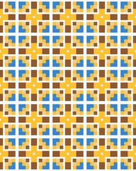 A vibrant geometric design features alternating blue, brown, and yellow squares arranged symmetrically against a white background