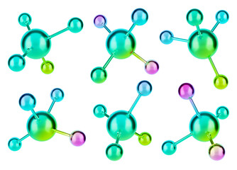 Abstract holographic metallic molecule set. Isolated atoms for chemical and biology design concepts. 3D rendering.