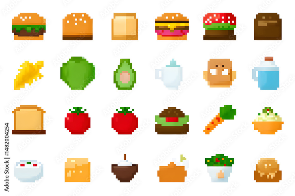 Poster collection set of pixelated food icons isolated on white background