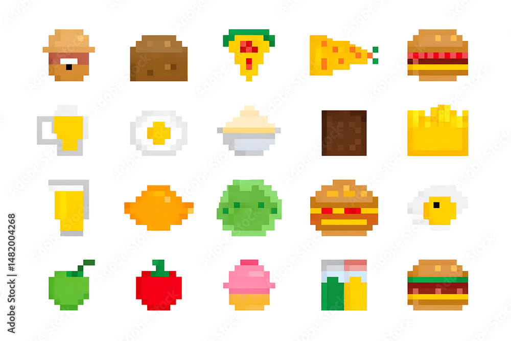 Poster collection set of pixelated food icons isolated on white background