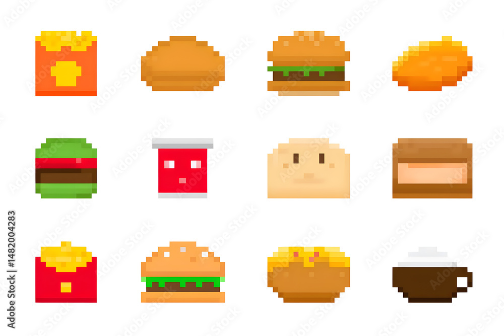 Poster collection set of pixelated food icons isolated on white background