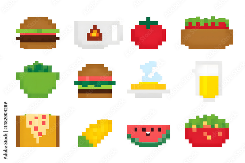 Poster collection set of pixelated food icons isolated on white background