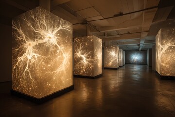 Immersive gallery with glowing fungal mycelium networks and floating spores on walls