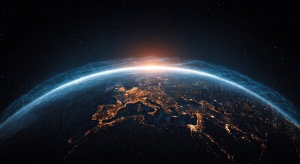 Glowing digital earth with network connections on dark futuristic background