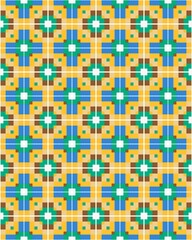 Colorful geometric shapes create an intricate pattern, showcasing blue, green, yellow, and white tiles in a bold arrangement