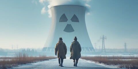 Radiation suits emergency concept. Two figures walk towards a cooling tower in winter landscape.