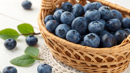 Fresh Blueberries in Wicker Basket with Natural Lighting Studio Shot