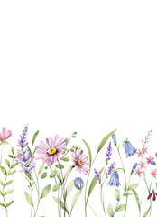 Naklejka premium Greeting card template with watercolor wild flowers, floral border with place for text. Illustration hand painted. Isolated on white background.