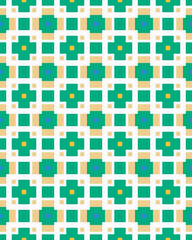 Repeating geometric shapes create a vibrant pattern in teal, green, and yellow, ideal for fabric designs or interior decor elements