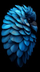 Fototapeta premium A vibrant blue, stylized bird of prey, rendered in meticulous detail against a stark black background. Its feathers are depicted with remarkable texture and depth