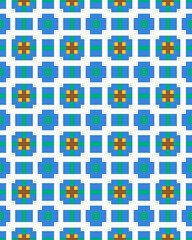 Intricate pattern showcasing vibrant blue and orange shapes arranged in a grid, creating a dynamic visual effect on a bright white background