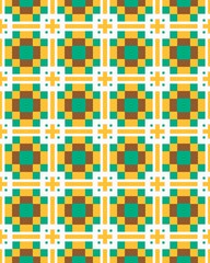 Design features a repeating pattern of squares and lines in colors like teal, brown, and yellow against a bright backdrop