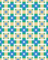 The design features a repetitive geometric pattern with squares and lines, utilizing blue, green, and beige colors in a balanced arrangement