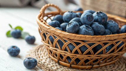 Fresh Blueberries in Wicker Basket with Natural Lighting Studio Shot