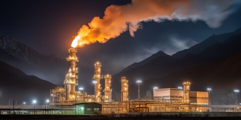 Radiation suits emergency concept. Industrial plant emitting smoke at night with mountains backdrop.