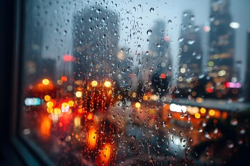 Obraz premium Rainy night cityscape through a glass window