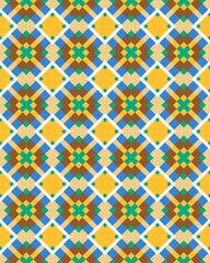 This pattern features a series of colorful geometric shapes in a lively arrangement, perfect for textiles or wallpapers