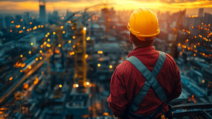Construction worker overlooking industrial cityscape at sunset.