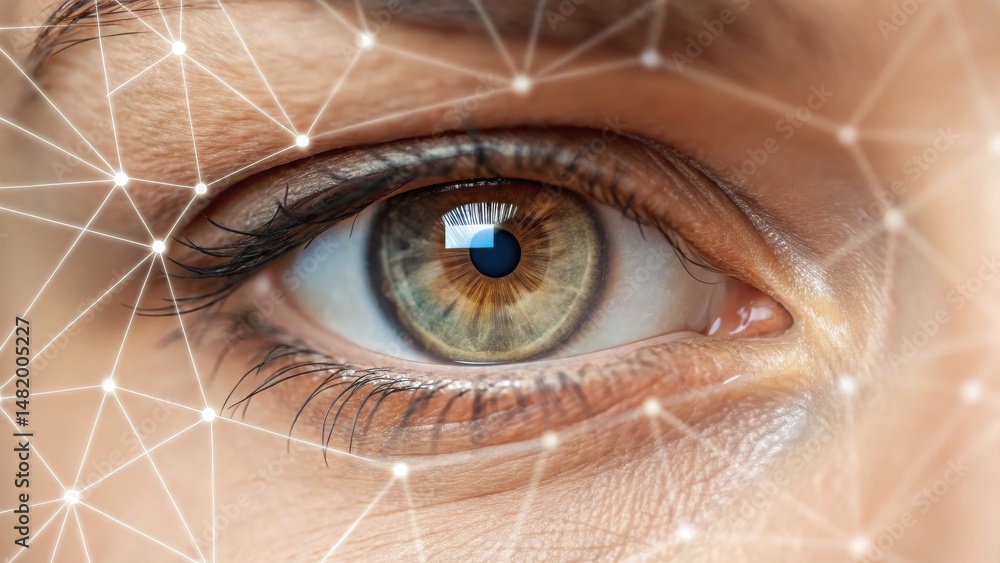 Poster a close-up view of an eye with intricate patterns, symbolizing technology and connectivity, highligh
