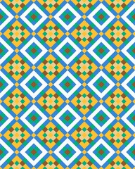 A dynamic pattern with alternating diamonds and squares in colors like green, yellow, brown, and white arranged on a blue field
