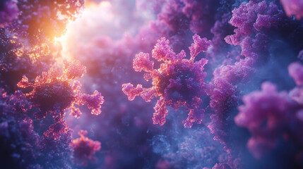 Abstract close-up view of vibrant, clustered,  glowing,  3D virus particles in a vibrant color palette with a light source illuminating the center.
