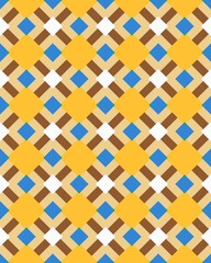 Bright, intricate geometric design showcases a repeating pattern of diamonds and squares in vibrant yellow, brown, and blue