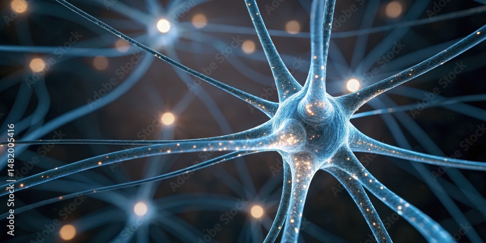 Poster intricate network of neurons glowing against a dark background, illustrating the complexity of neura