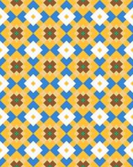 A vibrant geometric design featuring repeating diamond and square shapes in yellow, blue, and brown, creating a lively pattern