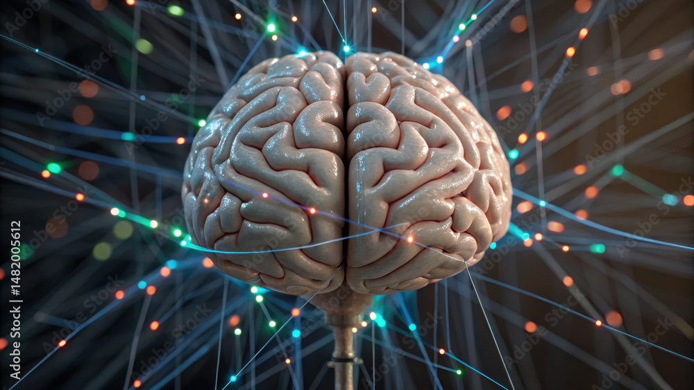 Poster a digitally rendered brain with colorful neural connections radiating outward, symbolizing intellige