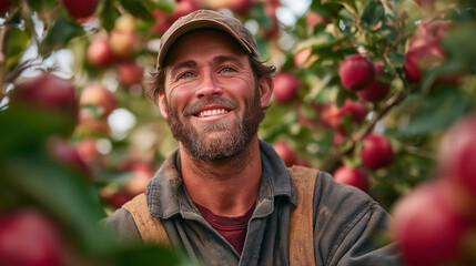A farmer harvesting apples on a crisp autumn morning