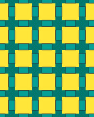 Bright geometric shapes create an engaging pattern with yellow squares and teal rectangles, showcasing color contrast and symmetry