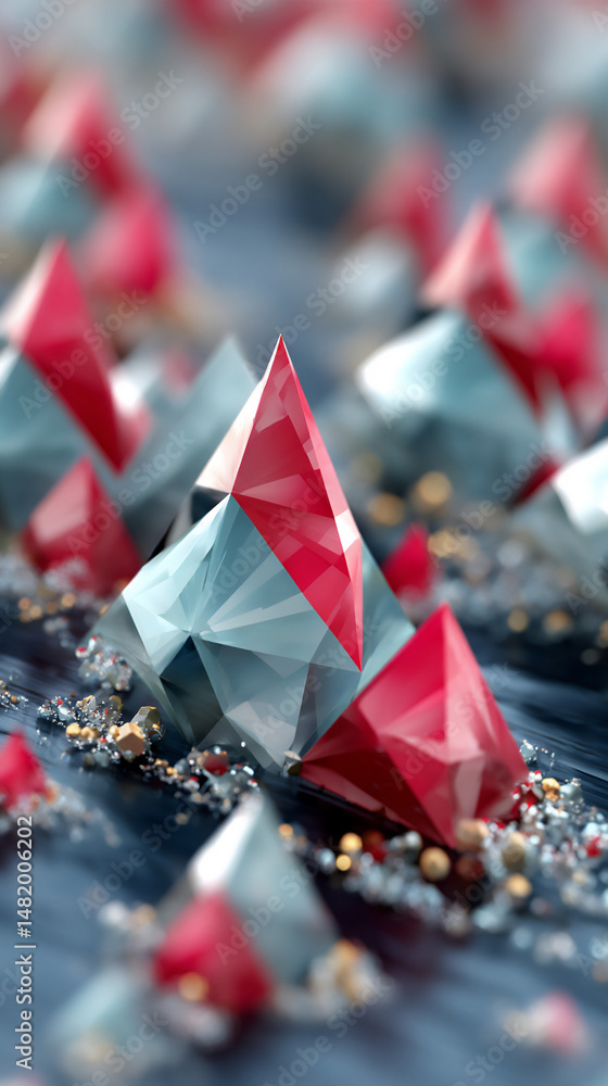 Poster futuristic and abstract 3d rendering of sharp neon triangles in electric blue and magenta piercing t