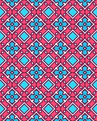 Colorful geometric design with blue and pink motifs in a symmetrical layout, perfect for various uses