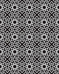 A detailed geometric pattern features bold black and white designs, creating a striking visual effect with repeating shapes