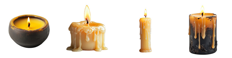 Set of four decorative candles with flames melting wax on transparent background