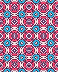 A vibrant textile design displays geometric shapes in pink, blue, and white, creating a lively and engaging pattern for various uses