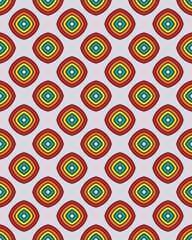 A lively geometric design features diamond shapes in red, yellow, green, and blue arranged on a white background, creating an eye-catching pattern