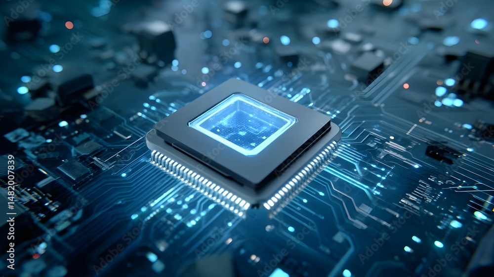 Poster futuristic circuit chip in a holographic data environment