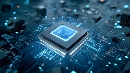 Fototapeta premium Futuristic circuit chip in a holographic data environment