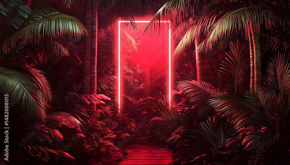 Poster surreal red-lit tropical jungle scene with a neon rectangular frame, creating a mysterious and evoca
