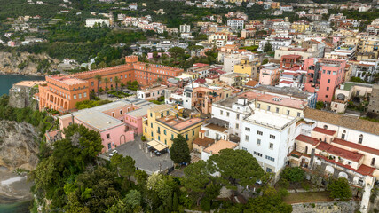 Fototapeta premium Aerial view of the historic center of Vico Equense. This town is located in the province of Naples, Campania, Italy. In the historic center of the city there is Giusso Castle.