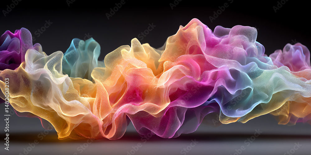 Poster dreamlike and synesthetic blurred photograph of an interactive art experience where visitors' moveme
