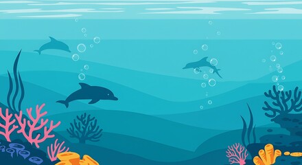 Fototapeta na wymiar Dolphins Swimming in Ocean with Coral Reef Underwater Scene