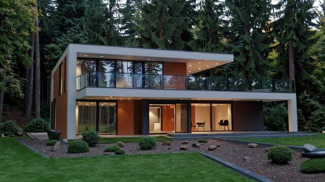 Modern minimalist forest house with large glass windows and flat roof surrounded by trees, peaceful residential architecture in evening light