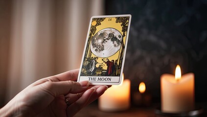 A Hand Holding the Tarot Card ‘The Moon’ XVIII, Featuring a Large Full Moon, Two Towers, a Path Between Them, and Two Animals Howling at the Moon, with Dim Candlelight in the Background