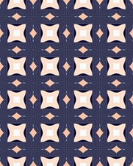 A detailed geometric pattern features navy blue and soft pink shapes that create a visually engaging design with symmetry