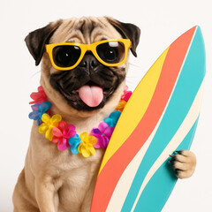 Fototapeta premium Playful pug with surfboard and sunglasses – tropical summer dog portrait on white background