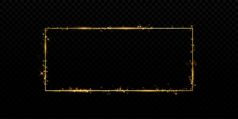 Gold Rectangular Frame with Glitter and Dust Particles. Shiny Golden Border with Sparkles on Transparent Background for Cards, Invitations, Greetings, Advertising Banners, and Decoration