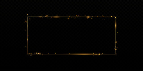 Gold Rectangular Frame with Glitter and Dust Particles. Shiny Golden Border with Sparkles on Transparent Background for Cards, Invitations, Greetings, Advertising Banners, and Decoration