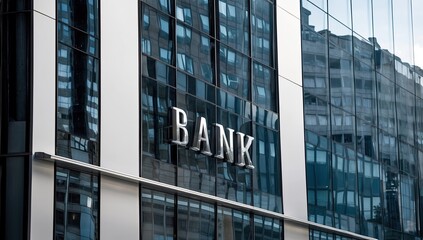 Obraz premium A Modern Building with Reflective Glass Windows, Featuring Large Metallic Letters Spelling ‘BANK’ on Its Facade, Mirroring the Surrounding Architecture